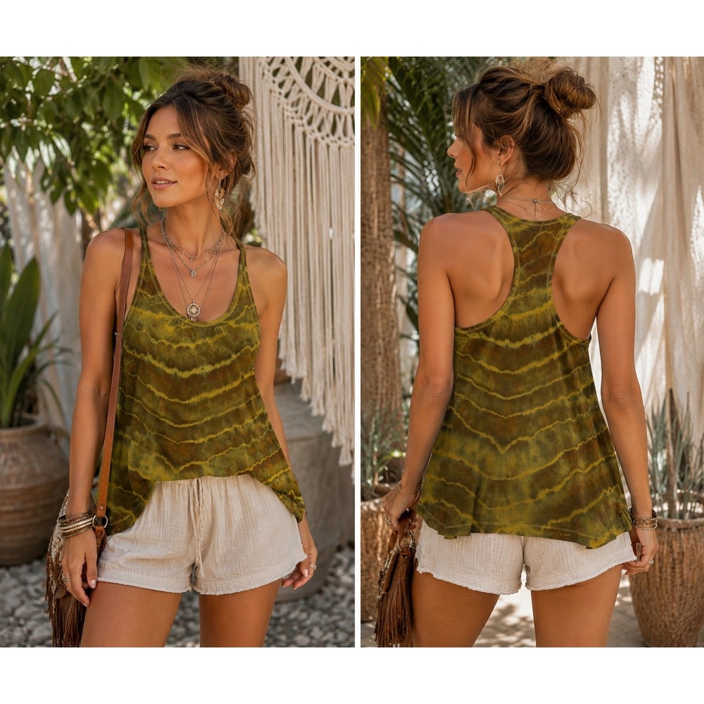P.J. Salvage Tank Top Small Brown Green CUSTOM Tie Dye Racerback OOAK Upcycle